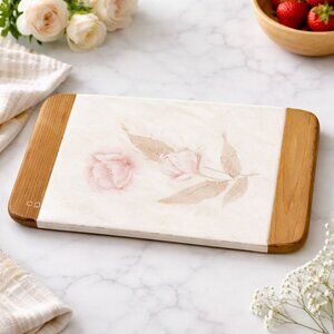 VTG Floral Charcuterie Ceramic and Wooden Cheese Board Pink Serving Tray